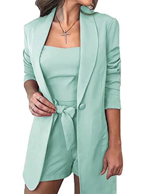 Huisifang 3 Piece Blazer Sets for Women Open Front Button Blazer + Crop Tops + Shorts Bottoms with Belt Business Suit Sets