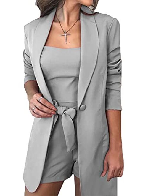 Huisifang 3 Piece Blazer Sets for Women Open Front Button Blazer + Crop Tops + Shorts Bottoms with Belt Business Suit Sets