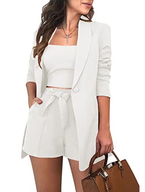 Huisifang 3 Piece Blazer Sets for Women Open Front Button Blazer + Crop Tops + Shorts Bottoms with Belt Business Suit Sets