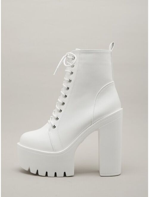 Shein Minimalist Lace Up Front Chunky Heeled Combat Boots