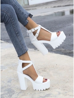 Zip Back Platform Chunky Heeled Ankle Strap Sandals