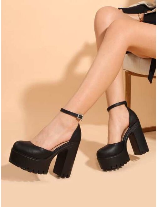 Shein Rhinestone Buckle Decor Platform Chunky Heeled Ankle Strap Pumps