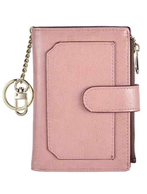 Leamekor Womens Wallets RFID Small Compact Bifold Leather Card Holder Zip Pocket Keychain