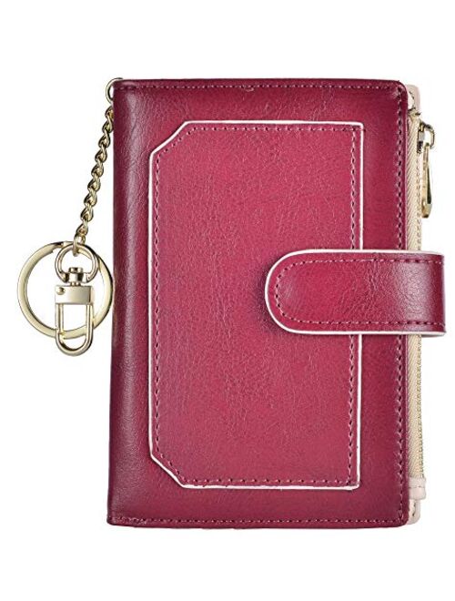 Leamekor Womens Wallets RFID Small Compact Bifold Leather Card Holder Zip Pocket Keychain