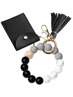 UpUDo Keychain Bracelet Wristlet, Silicone Beaded Key Ring Bracelet with Card Wallet, Elastic Keyring Bangle for Womens