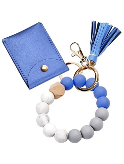 UpUDo Keychain Bracelet Wristlet, Silicone Beaded Key Ring Bracelet with Card Wallet, Elastic Keyring Bangle for Womens