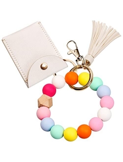 UpUDo Keychain Bracelet Wristlet, Silicone Beaded Key Ring Bracelet with Card Wallet, Elastic Keyring Bangle for Womens