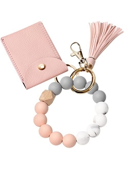 UpUDo Keychain Bracelet Wristlet, Silicone Beaded Key Ring Bracelet with Card Wallet, Elastic Keyring Bangle for Womens