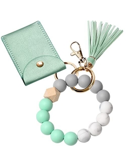 UpUDo Keychain Bracelet Wristlet, Silicone Beaded Key Ring Bracelet with Card Wallet, Elastic Keyring Bangle for Womens