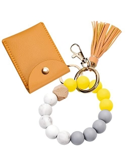 UpUDo Keychain Bracelet Wristlet, Silicone Beaded Key Ring Bracelet with Card Wallet, Elastic Keyring Bangle for Womens