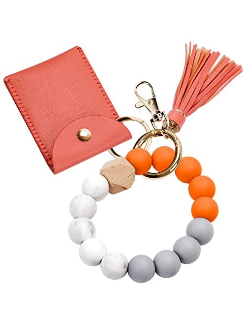 UpUDo Keychain Bracelet Wristlet, Silicone Beaded Key Ring Bracelet with Card Wallet, Elastic Keyring Bangle for Womens