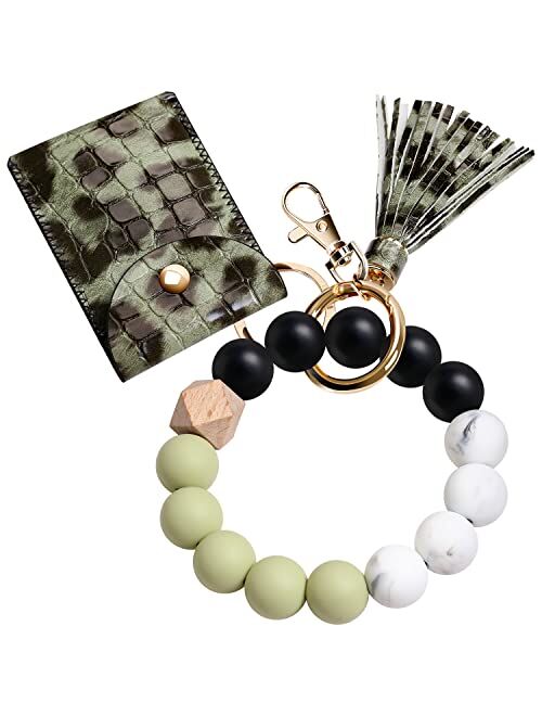 UpUDo Keychain Bracelet Wristlet, Silicone Beaded Key Ring Bracelet with Card Wallet, Elastic Keyring Bangle for Womens