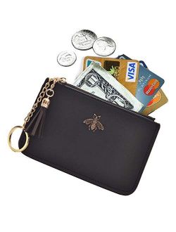 AnnabelZ Coin Purse Change Wallet Pouch Leather Card Holder with Key Chain Tassel Zip(Black)