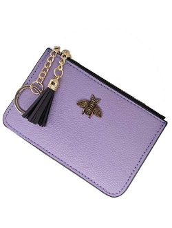 AnnabelZ Coin Purse Change Wallet Pouch Leather Card Holder with Key Chain Tassel Zip(Black)