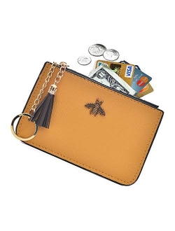 AnnabelZ Coin Purse Change Wallet Pouch Leather Card Holder with Key Chain Tassel Zip(Black)