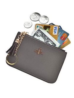 AnnabelZ Coin Purse Change Wallet Pouch Leather Card Holder with Key Chain Tassel Zip(Black)