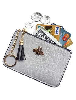 AnnabelZ Coin Purse Change Wallet Pouch Leather Card Holder with Key Chain Tassel Zip(Black)