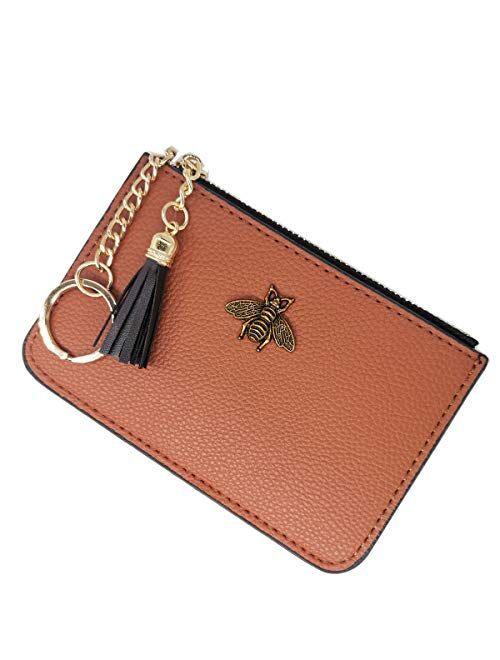 AnnabelZ Coin Purse Change Wallet Pouch Leather Card Holder with Key Chain Tassel Zip(Black)