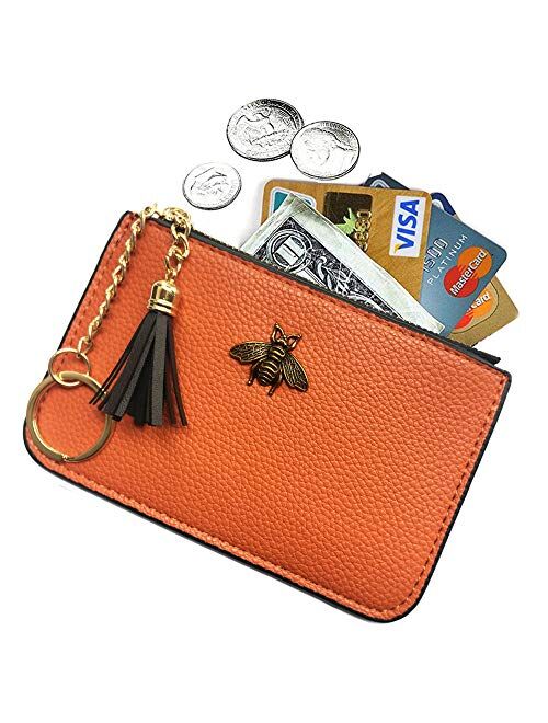 AnnabelZ Coin Purse Change Wallet Pouch Leather Card Holder with Key Chain Tassel Zip(Black)