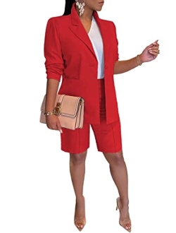 Famnbro Women's Blazer Sets 2 Piece Outfits Lapels Jacket High Waisted Shorts Work Business Suits