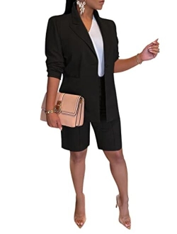 Famnbro Women's Blazer Sets 2 Piece Outfits Lapels Jacket High Waisted Shorts Work Business Suits