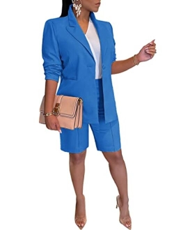 Famnbro Women's Blazer Sets 2 Piece Outfits Lapels Jacket High Waisted Shorts Work Business Suits