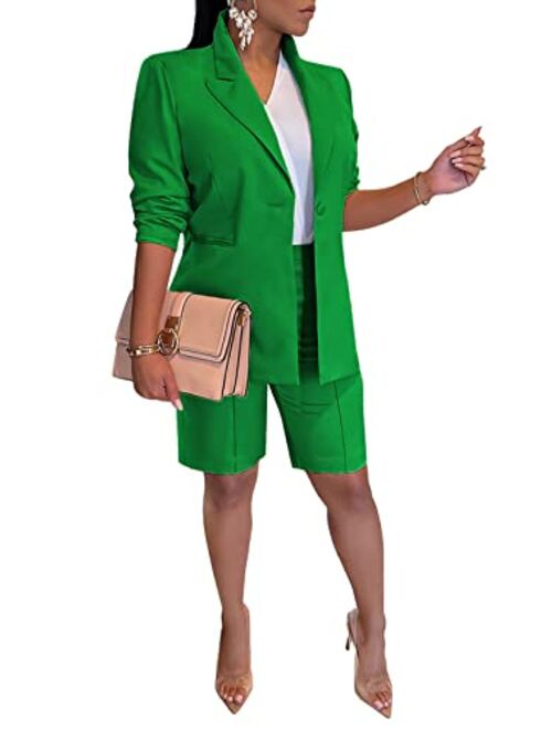 Famnbro Women's Blazer Sets 2 Piece Outfits Lapels Jacket High Waisted Shorts Work Business Suits