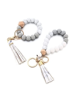 Alysha 2PCS Silicone Beaded Bracelet Keychain, Key Ring Bangle Wristlet Keychain with Leather Tassel for Women/Girls