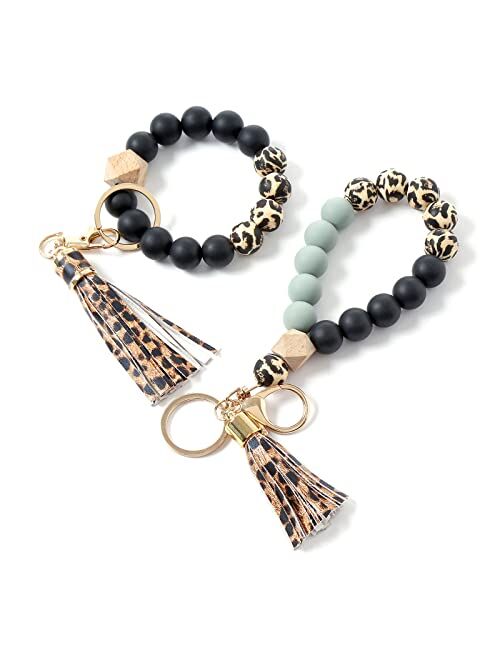 Alysha 2PCS Silicone Beaded Bracelet Keychain, Key Ring Bangle Wristlet Keychain with Leather Tassel for Women/Girls