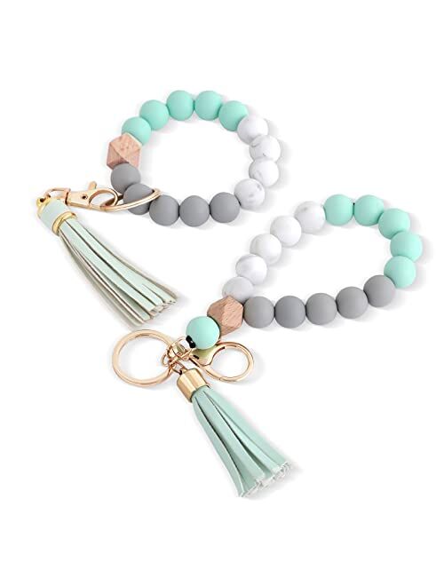 Alysha 2PCS Silicone Beaded Bracelet Keychain, Key Ring Bangle Wristlet Keychain with Leather Tassel for Women/Girls