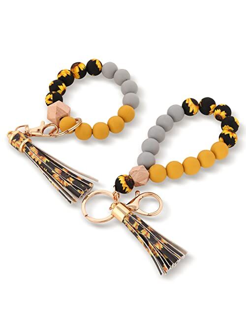 Alysha 2PCS Silicone Beaded Bracelet Keychain, Key Ring Bangle Wristlet Keychain with Leather Tassel for Women/Girls