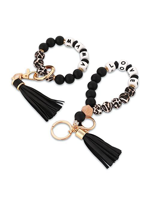 Alysha 2PCS Silicone Beaded Bracelet Keychain, Key Ring Bangle Wristlet Keychain with Leather Tassel for Women/Girls