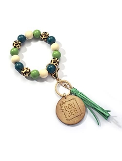 Lantintop Wood Beaded Bracelet Keychain Wristlet Key Ring Bangle with Leather Tassel for Women Mother Gift