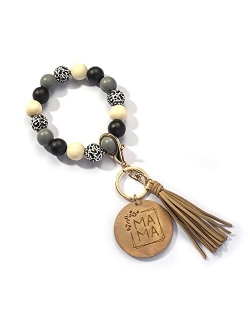 Lantintop Wood Beaded Bracelet Keychain Wristlet Key Ring Bangle with Leather Tassel for Women Mother Gift