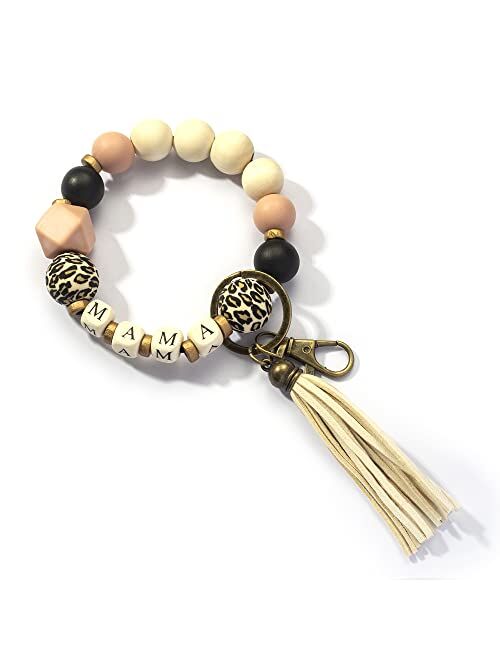 Lantintop Wood Beaded Bracelet Keychain Wristlet Key Ring Bangle with Leather Tassel for Women Mother Gift