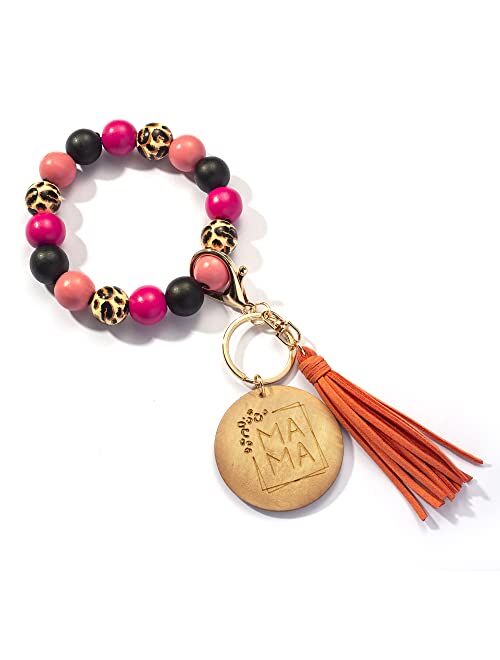 Lantintop Wood Beaded Bracelet Keychain Wristlet Key Ring Bangle with Leather Tassel for Women Mother Gift