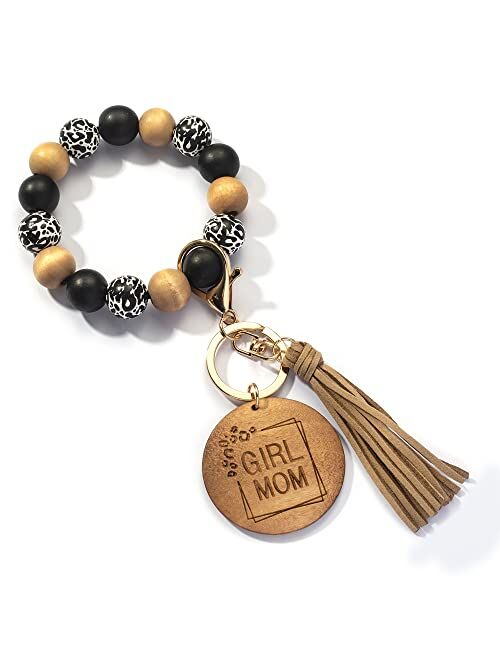 Lantintop Wood Beaded Bracelet Keychain Wristlet Key Ring Bangle with Leather Tassel for Women Mother Gift