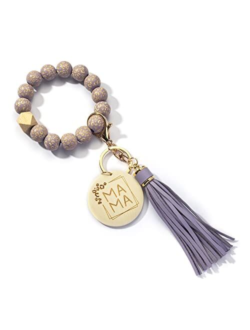 Lantintop Wood Beaded Bracelet Keychain Wristlet Key Ring Bangle with Leather Tassel for Women Mother Gift