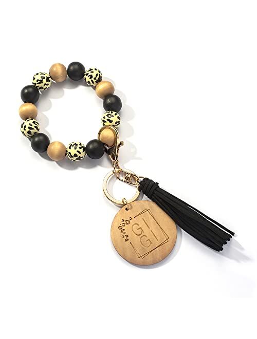 Lantintop Wood Beaded Bracelet Keychain Wristlet Key Ring Bangle with Leather Tassel for Women Mother Gift