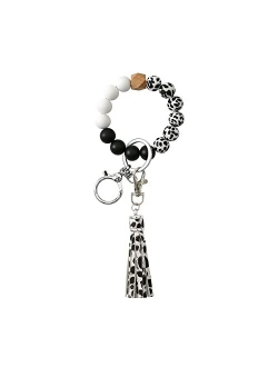 Nynppue Cow Print Silicone Beaded Wristlet Bracelet Keychain ,Leather Tassels Car Keychain Key Ring for Women