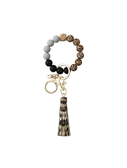 Nynppue Cow Print Silicone Beaded Wristlet Bracelet Keychain ,Leather Tassels Car Keychain Key Ring for Women