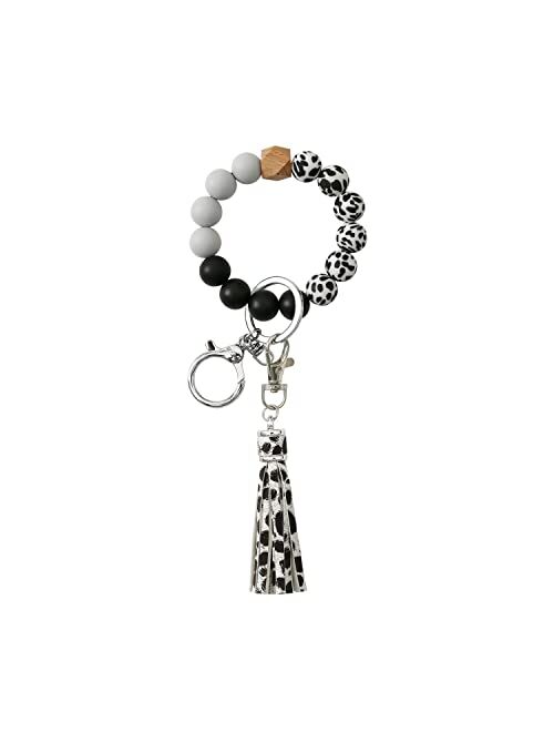 Nynppue Cow Print Silicone Beaded Wristlet Bracelet Keychain ,Leather Tassels Car Keychain Key Ring for Women