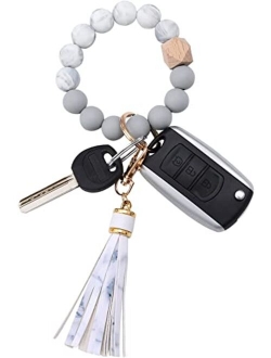 Baosiwa Silicone Beaded Bracelet Keychain Wristlet Key Ring Bangle Chains for Women with Leather Tassel