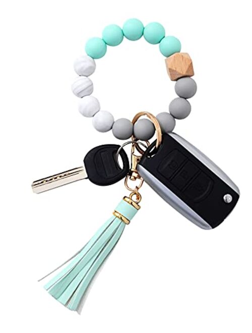 Baosiwa Silicone Beaded Bracelet Keychain Wristlet Key Ring Bangle Chains for Women with Leather Tassel