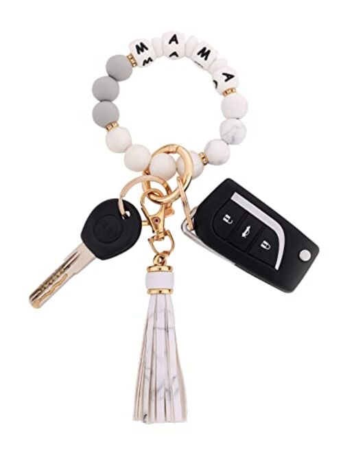 Baosiwa Silicone Beaded Bracelet Keychain Wristlet Key Ring Bangle Chains for Women with Leather Tassel