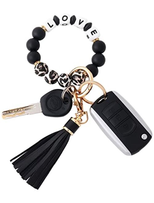 Baosiwa Silicone Beaded Bracelet Keychain Wristlet Key Ring Bangle Chains for Women with Leather Tassel