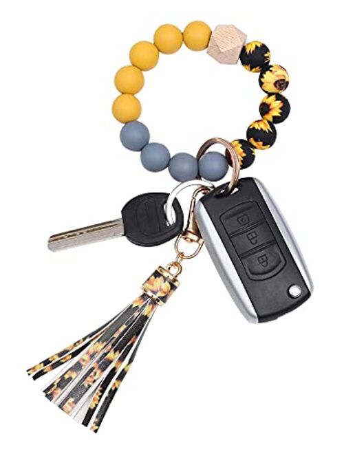 Baosiwa Silicone Beaded Bracelet Keychain Wristlet Key Ring Bangle Chains for Women with Leather Tassel