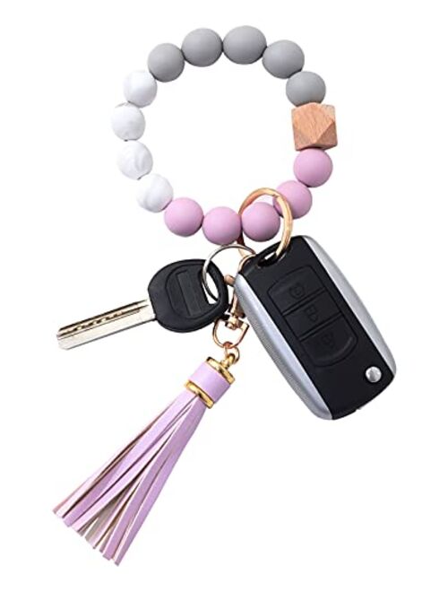 Baosiwa Silicone Beaded Bracelet Keychain Wristlet Key Ring Bangle Chains for Women with Leather Tassel