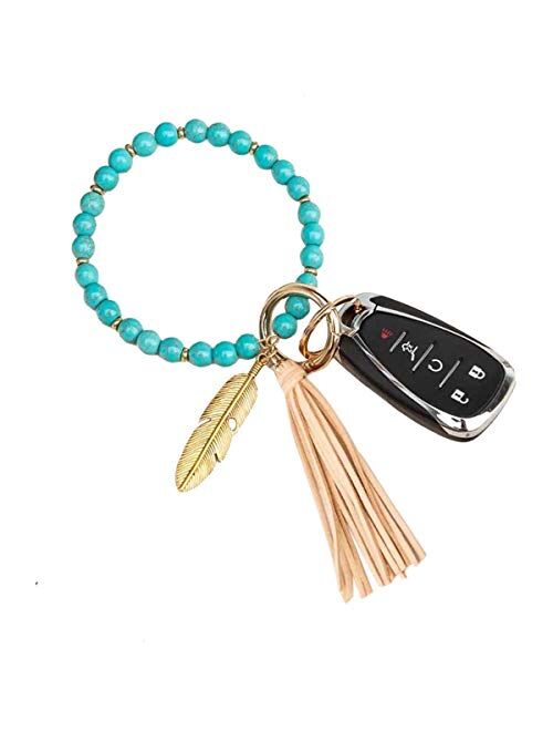 Loodial Boho Stone Key Ring Bracelet Beaded Keychain Wristlet with Tassel Keychains for Women