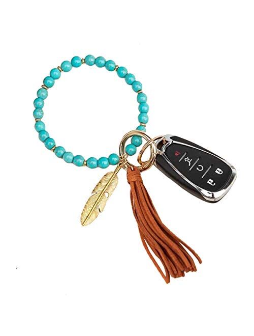 Loodial Boho Stone Key Ring Bracelet Beaded Keychain Wristlet with Tassel Keychains for Women